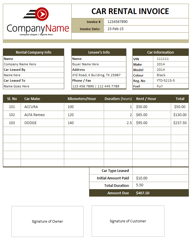 Used Car Invoice Example And Used Car Sales Receipt Template Ontario