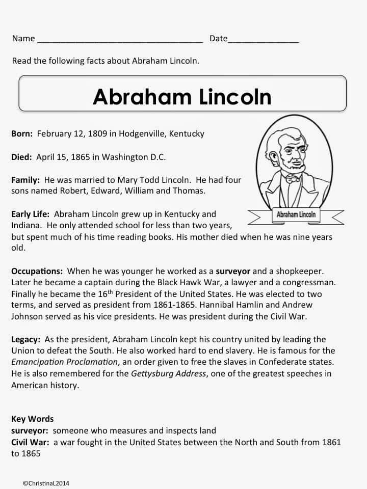 Abraham Lincoln Passage And Questions And Biography Of Abraham Lincoln For Elementary Students