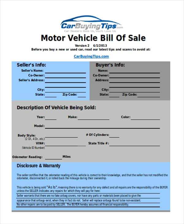 Bill Of Sale Form Vehicle And Sample Bill Of Sale For Car In Ma