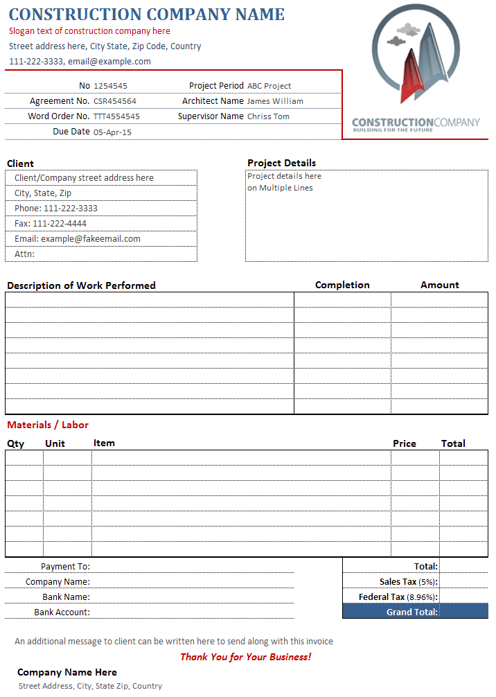 Construction Invoice Template Pdf And Construction Bill Of Sale Template