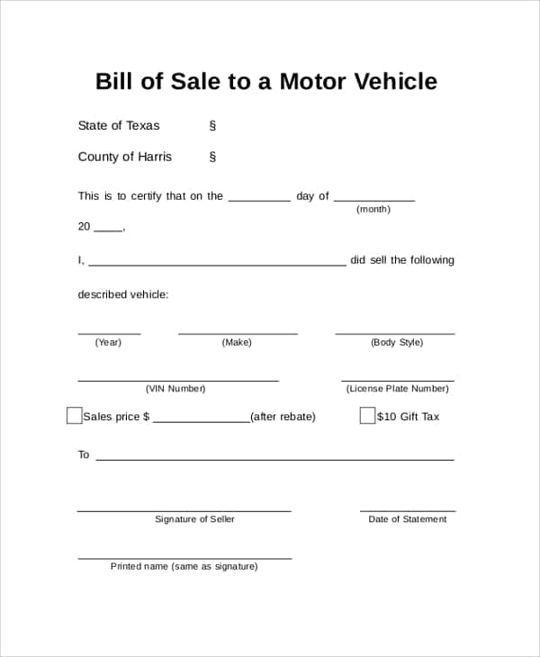 Example Of Bill Of Sale For Motor Vehicle And Examples Of Bill Of Sale For A Boat