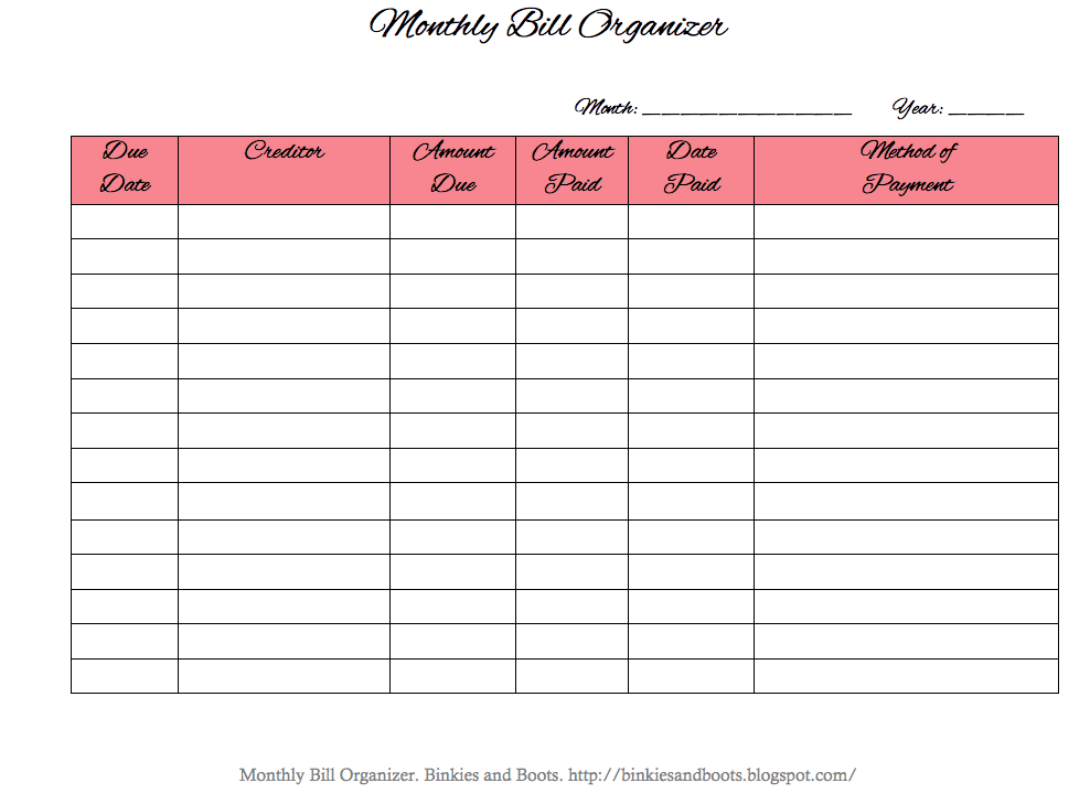 Free Bill Organizer Template Excel And Free Printable Payment Log