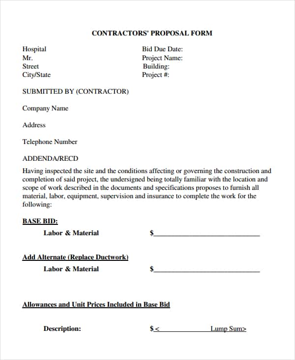 Free Printable Contractor Bid Forms And Construction Bid Proposal Template Downloadable