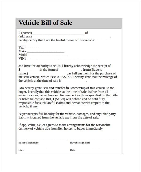 Free Vehicle Bill Of Sale Template Word And Vehicle Bill Of Sale Gift Template