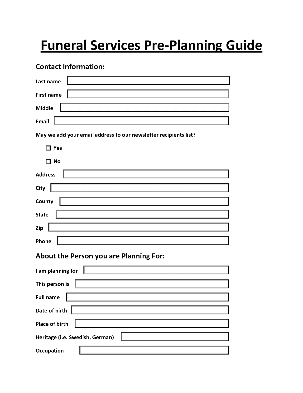 Funeral Pre Planning Checklist And Funeral Planning Guide Printable Form
