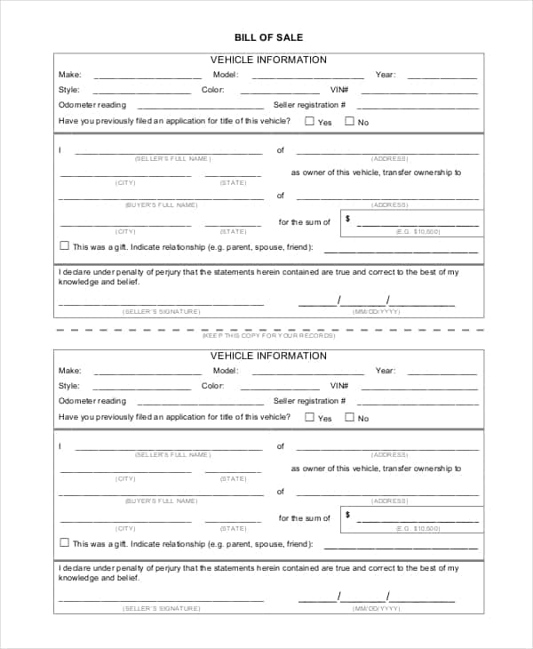 General Bill Of Sale Form And Automobile Bill Of Sale Form