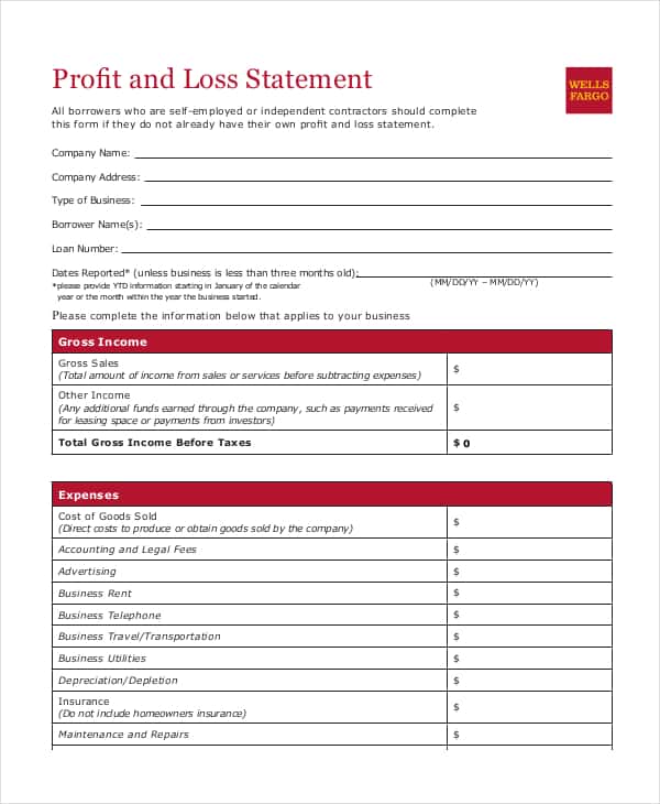 Sample Of Profit And Loss Statement For Self Employed And Profit And Loss Statement Pdf