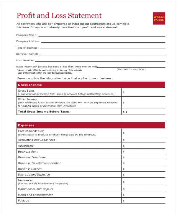 Template For Profit And Loss Statement For Self Employed And Profit And Loss Statement Form Pdf