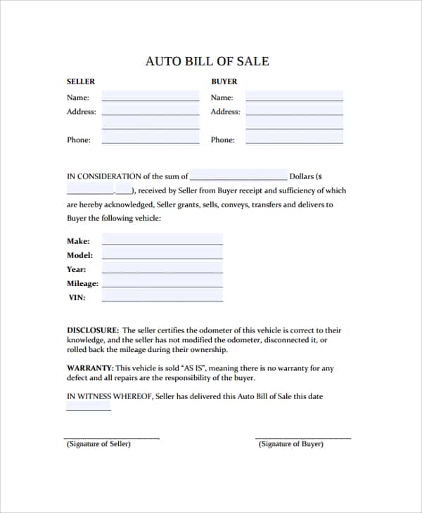 Template Of Bill Of Sale On A Car And Example Of Simple Bill Of Sale