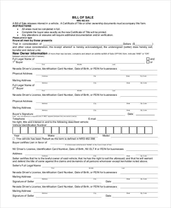 Vehicle Bill Of Sale Template Fillable Pdf And Used Car Bill Of Sale Form