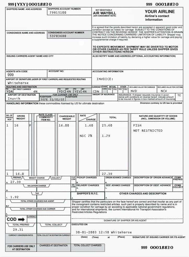 Airway Bill Template And Air Waybill Sample Doc