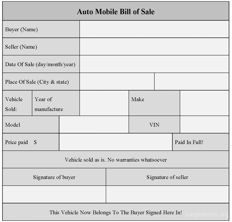 Car Bill Of Sale Example Template And Auto Bill Of Sale Template Doc