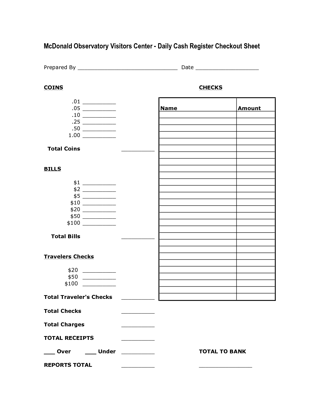 Cash Register Balance Sheet Form And Cash Register Till Sheet Template