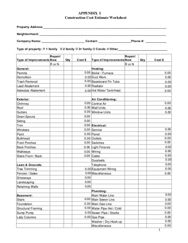 Construction Estimating Spreadsheet And Construction Cost Estimate Worksheet Xls
