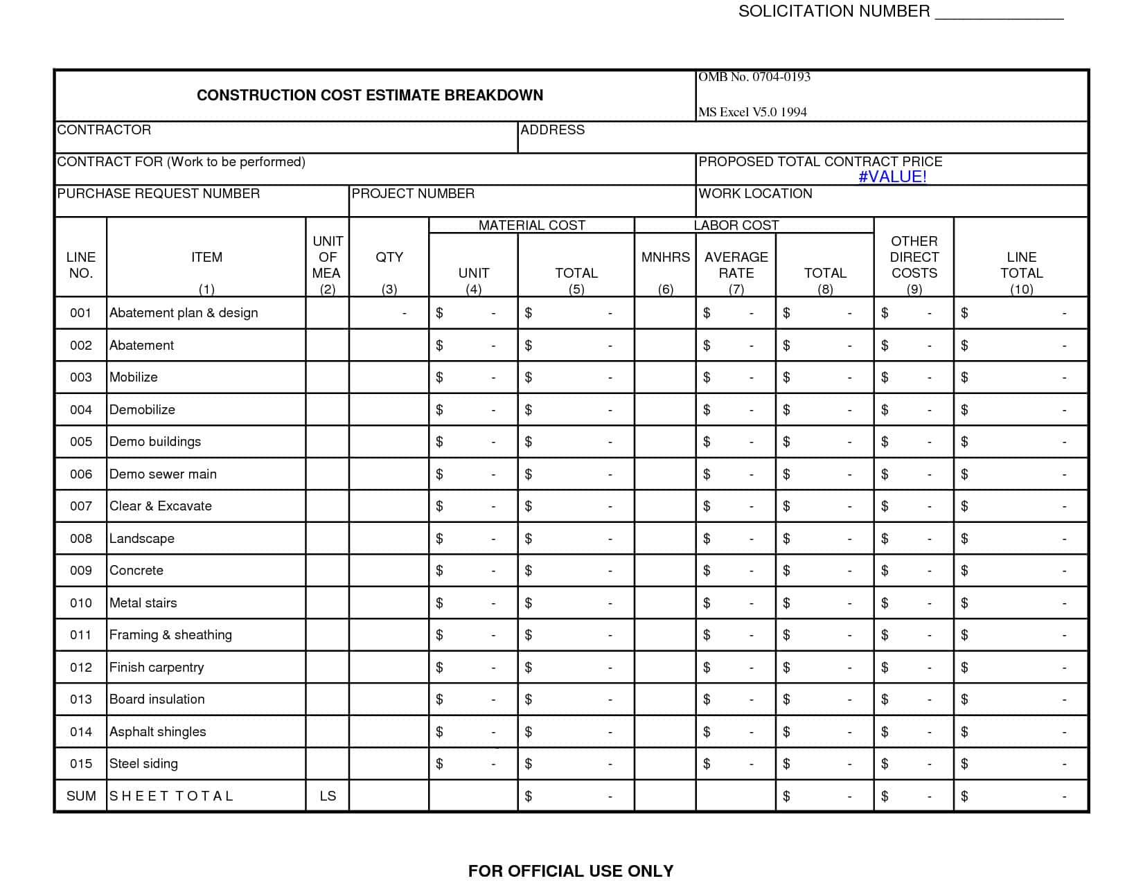 Construction Estimating Worksheets Excel And Construction Cost Estimate Worksheet