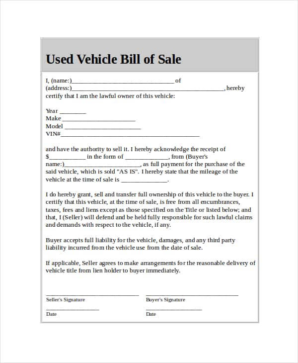 General Bill Of Sale Template Word And Vehicle Bill Of Sale Pdf