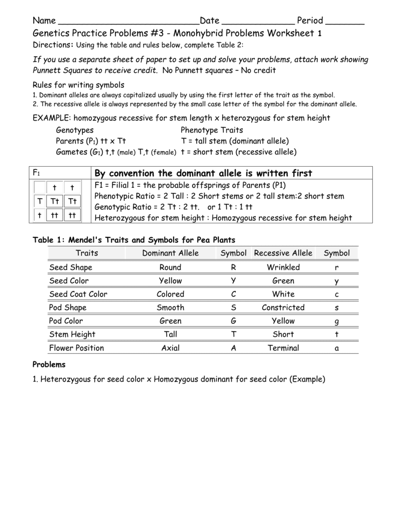 Genetics Practice Problems 3 Monohybrid Problems Worksheet 1 Answers And Genetics Worksheet Punnett Square Answers