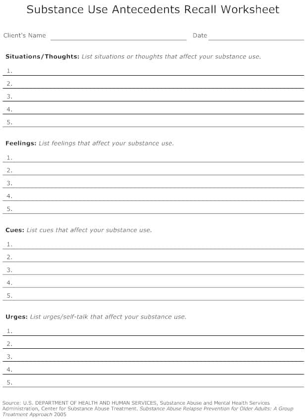 Mens Issues In Recovery Worksheets And Identifying Relapse Triggers And Cues Worksheet