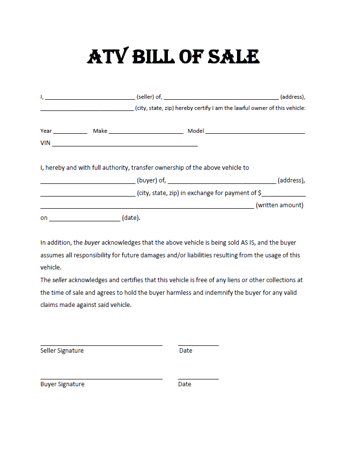 Bill of sale document for atv and atv bill of sale florida