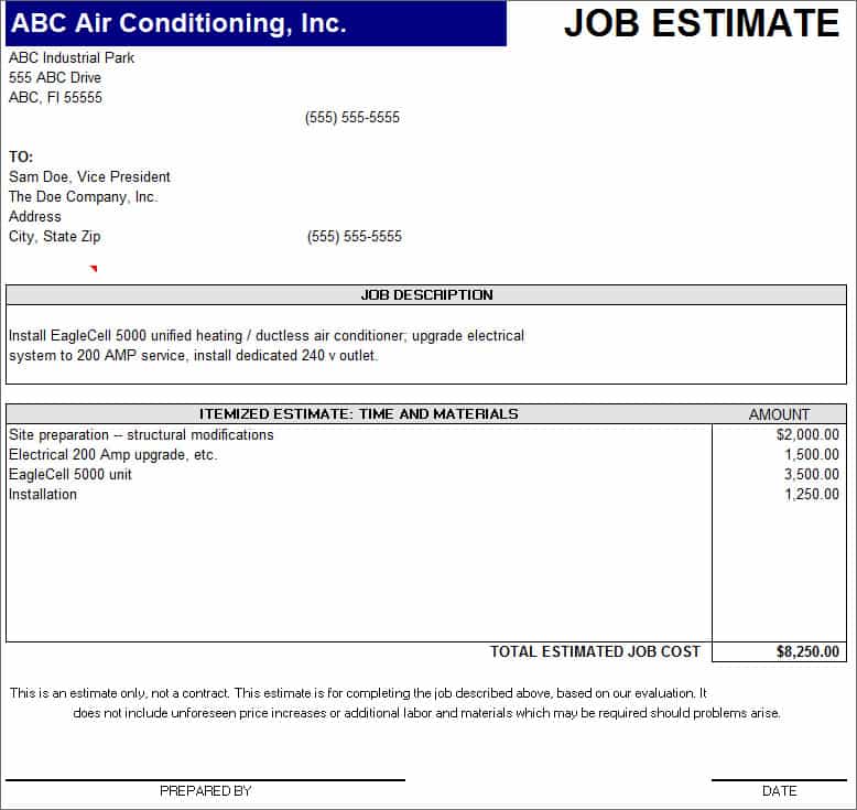 Construction estimating spreadsheet and free printable job estimate form