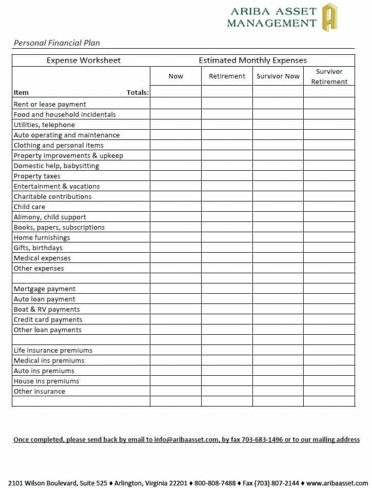 Financial expenses worksheet and free monthly financial planner template