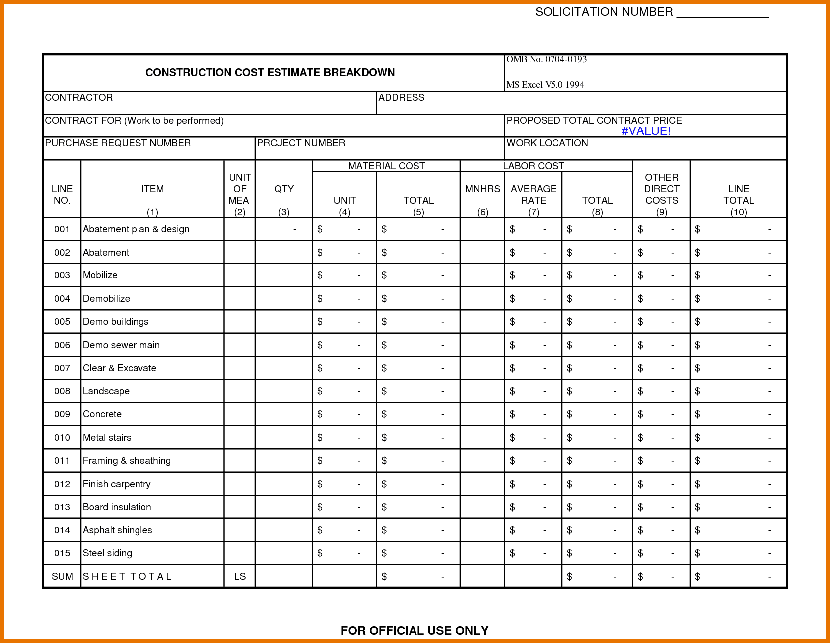 Free construction estimate template download and residential construction cost estimator excel