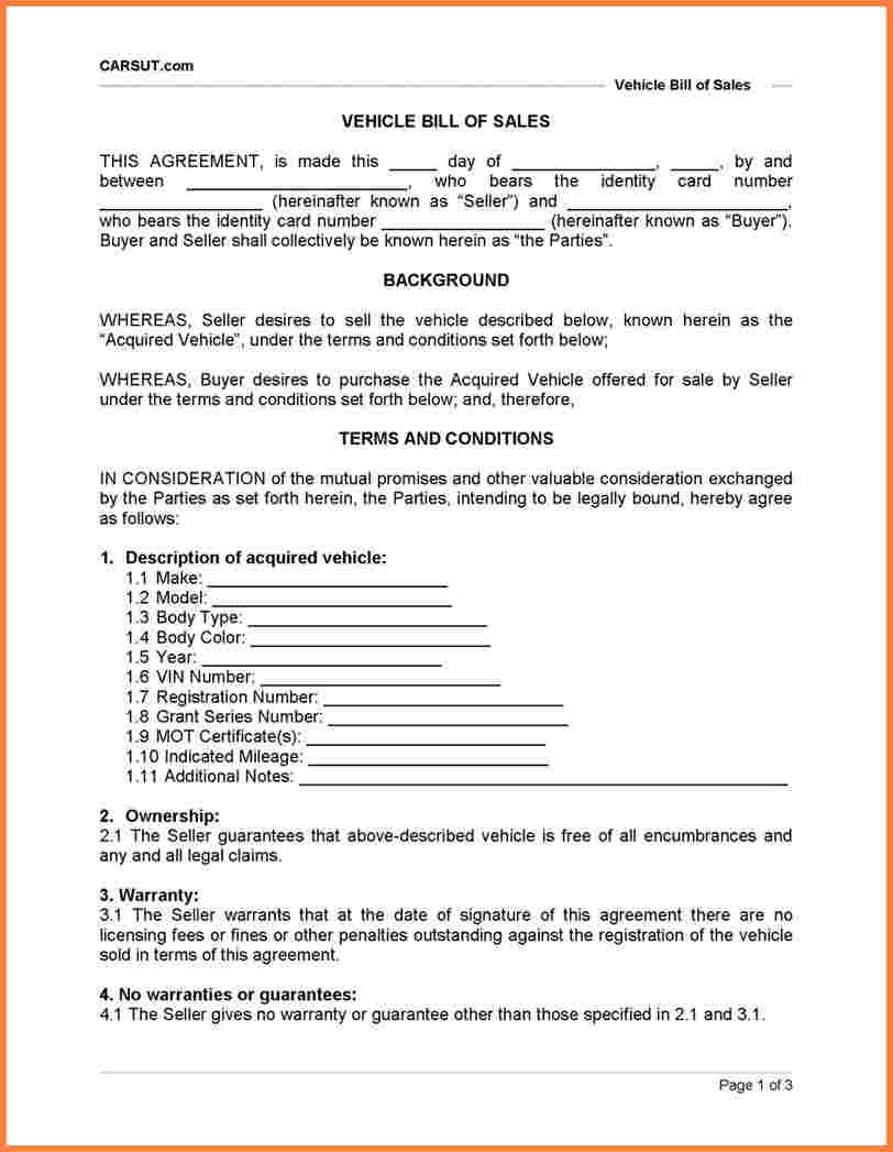 Legal bill of sale template and bill of sale contract agreement
