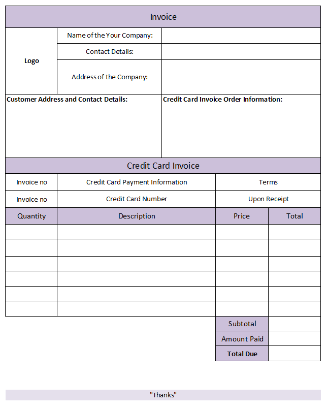 Sample invoice with credit card payment option and credit card processing form template