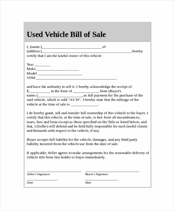 Vehicle bill of sale template fillable pdf and used car bill of sale printable