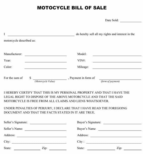 Bill of sale for personal property template