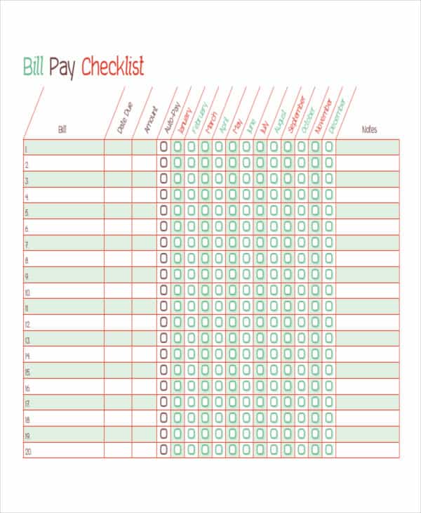 Bill check off list template and bill paying template