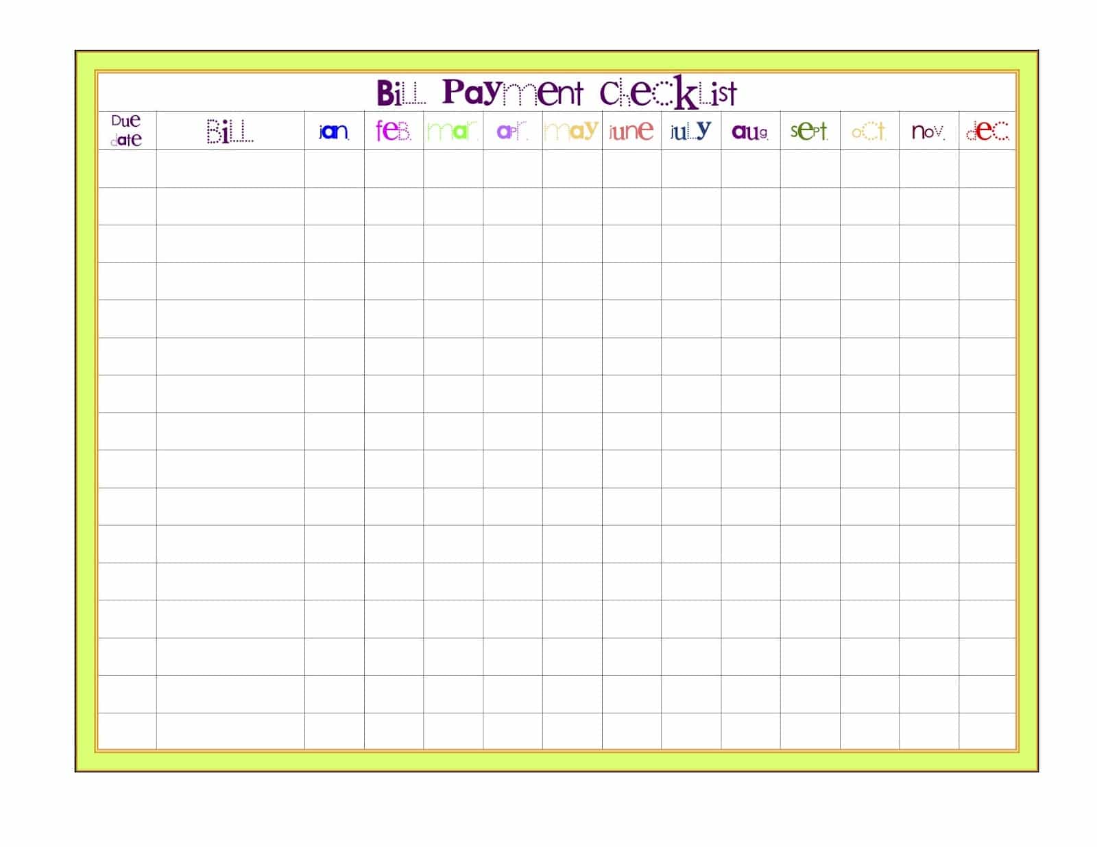 Bill list template excel and printable bill pay list