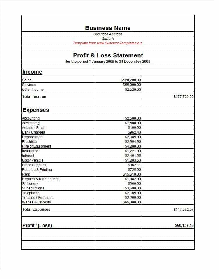 Example Of Profit And Loss Statement For Small Business And Profit And Loss Statement Form