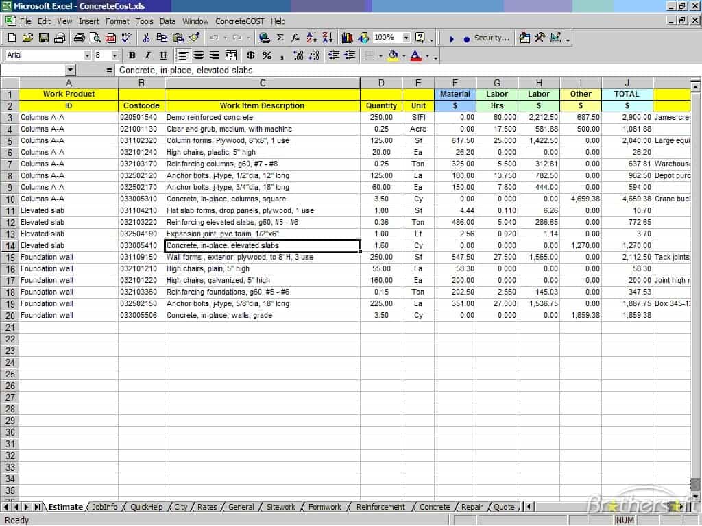 Excel Estimating Templates Construction And Excel Earthwork Estimating Templates