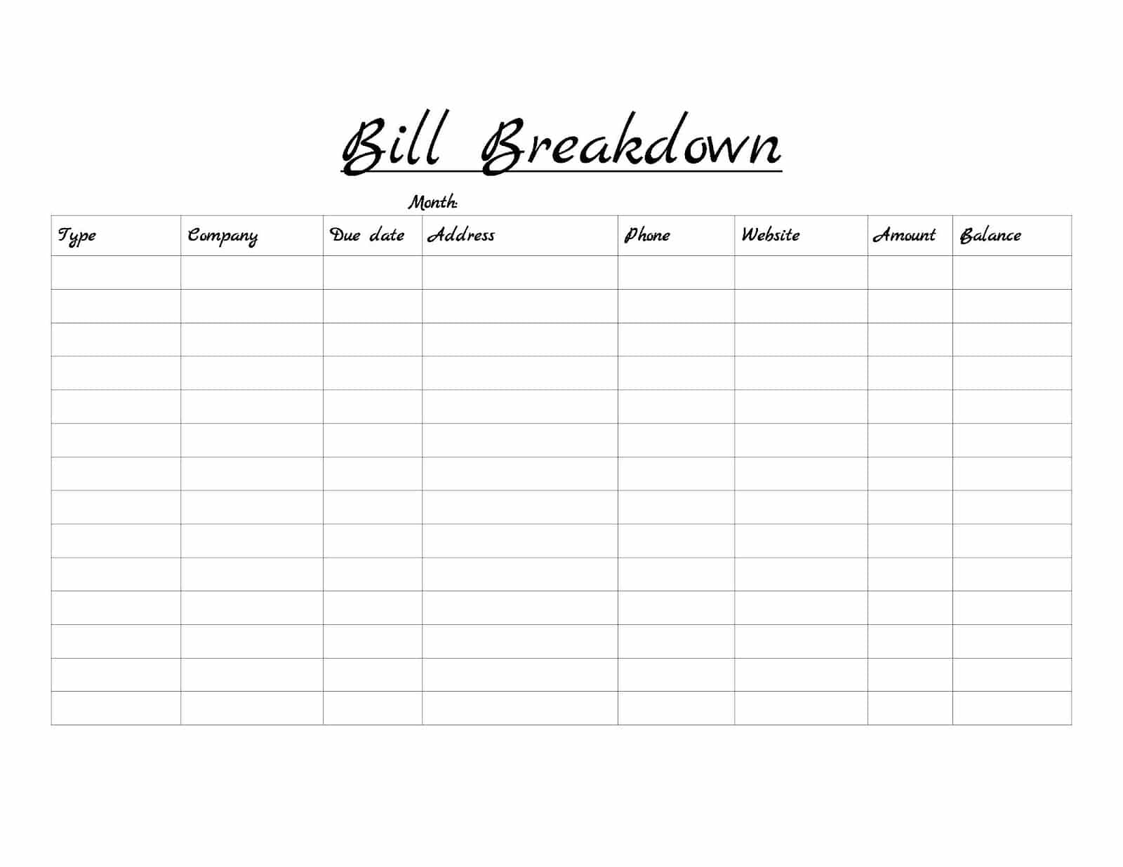 Free bill list template and bills list printable