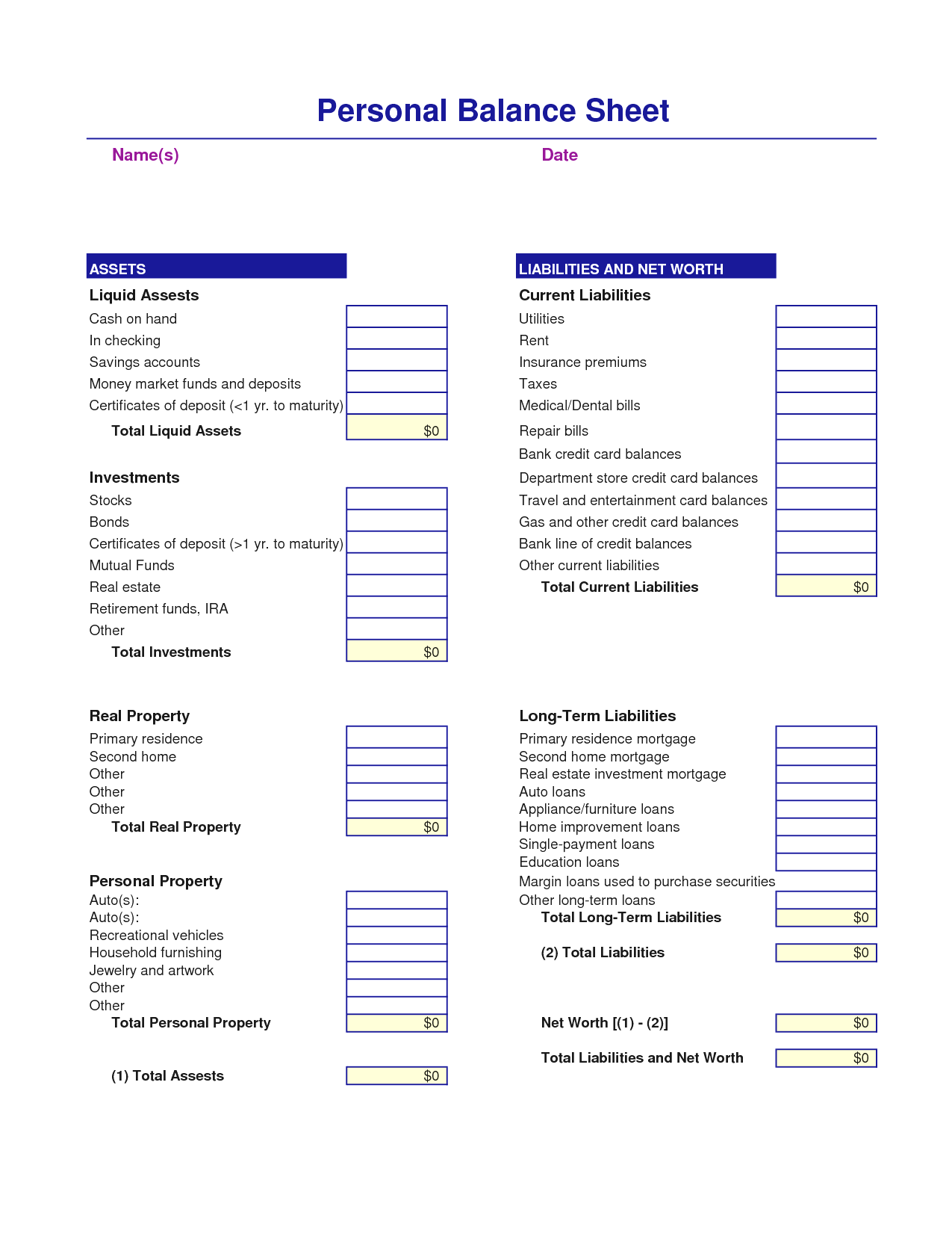 Free Personal Balance Sheet Form And Printable Personal Balance Sheet