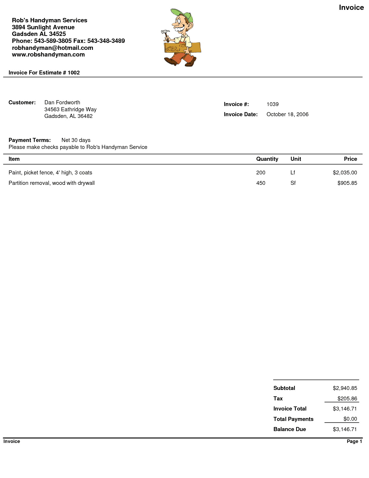 Handyman Invoice Template Excel And Contract Labor Invoice Template