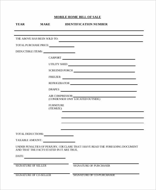 Mobile home bill of sale document and sample mobile home purchase agreement