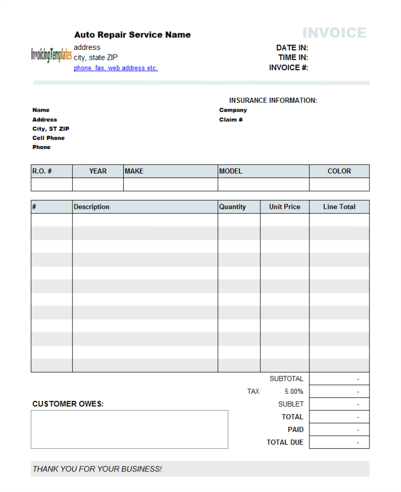 Sample of auto repair invoice and auto repair invoice template pdf