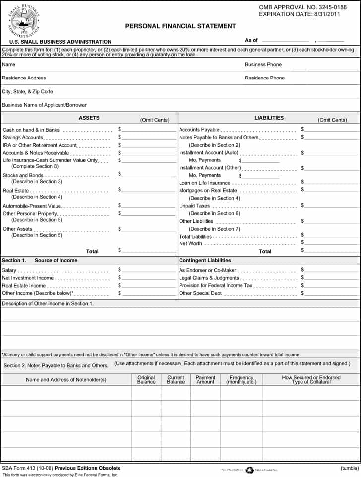 Sample Personal Financial Statement Template And Personal Financial Statement Form Simple