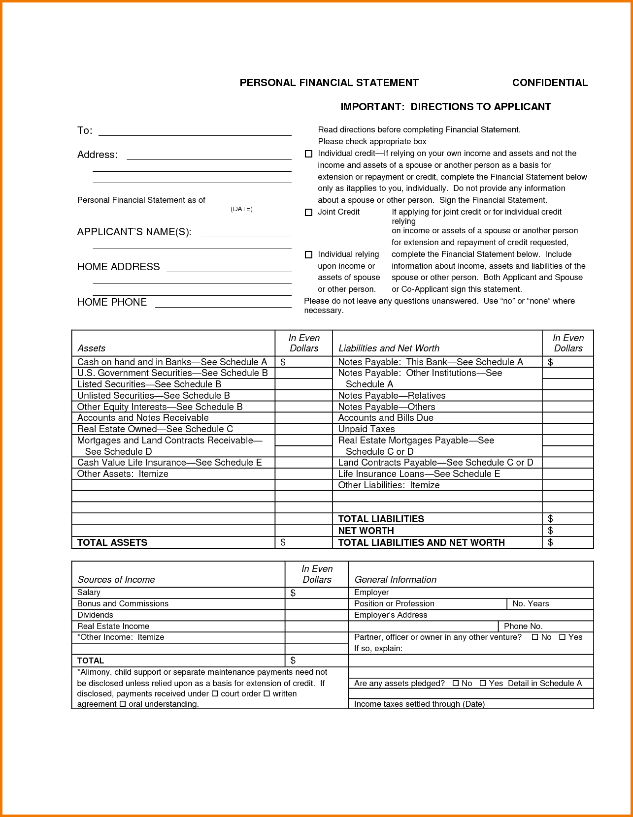 Sample Personal Financial Statement Template And Personal Financial Statement Template Wells Fargo