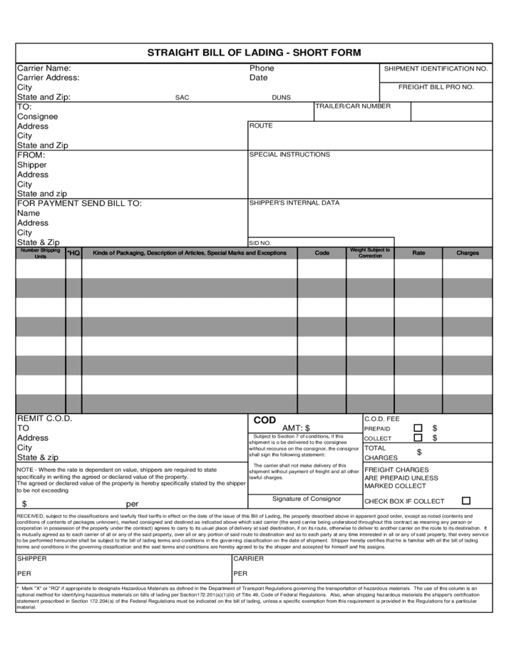 VICS Bill Of Lading Form Free Download And Bill Of Lading Template Excel