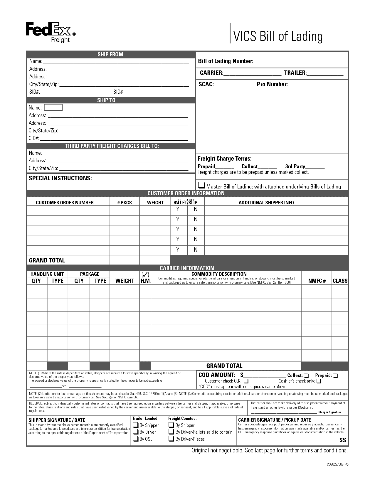 VICS Standard Bill Of Lading Form And Free Printable Bill Lading Form