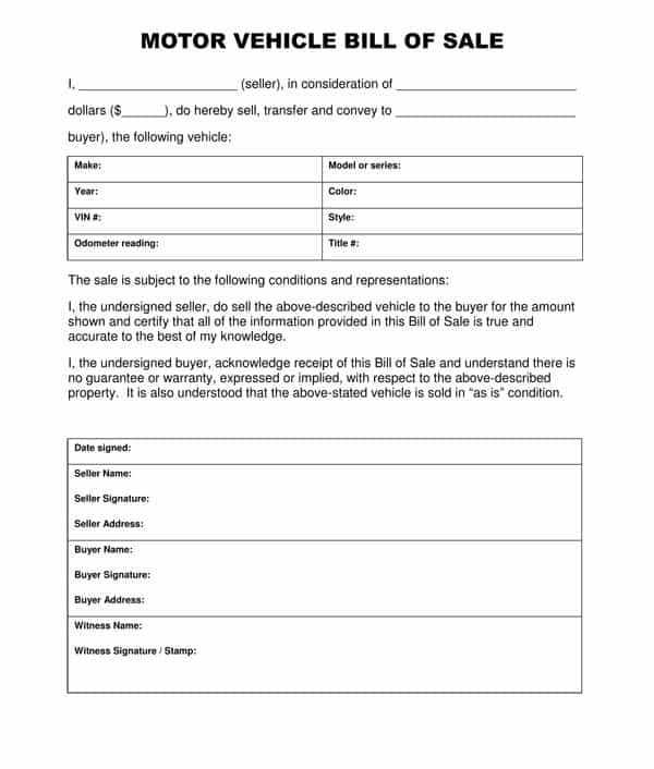 Example Of Bill Of Sale For A Motorcycle And Motorcycle Bill Of Sale Form Free Printable