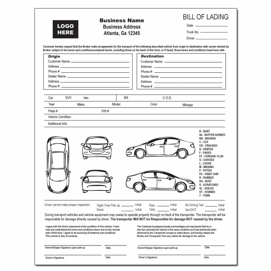 Free Vehicle Transport Bill Of Lading Form And Auto Bill Of Lading Form Free
