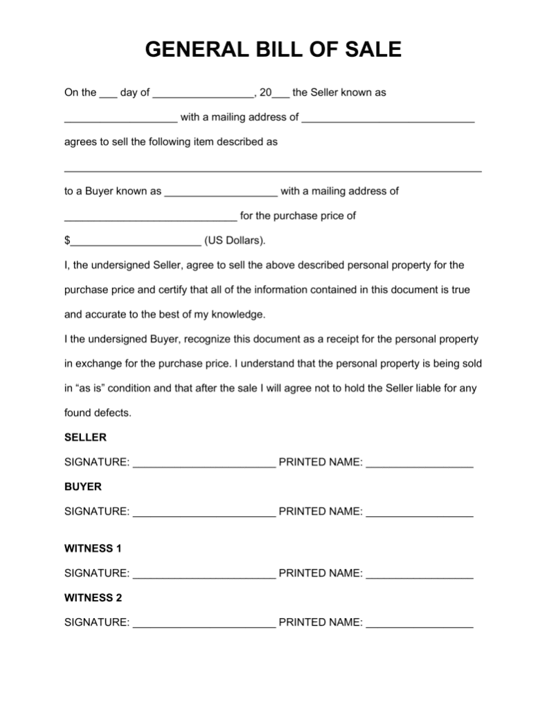 General Bill Of Sale Form And Bill Of Sale Fillable Pdf