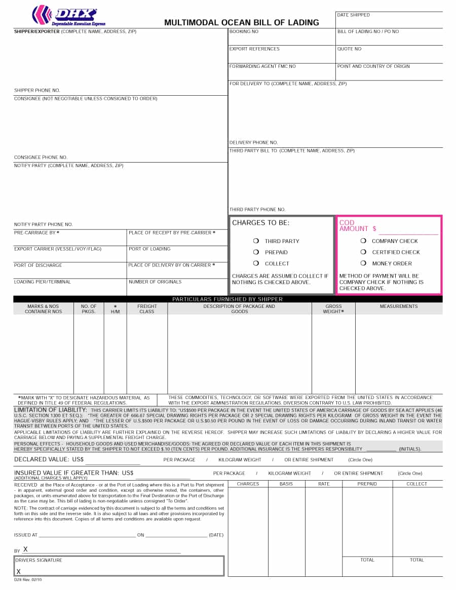 House Bill Of Lading Terms And Conditions Template And Blank Straight Bill Of Lading Short Form Pdf