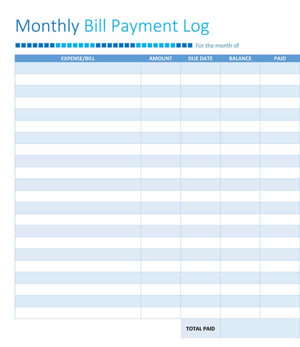 Monthly Bill Payment Log And Payment Received Template