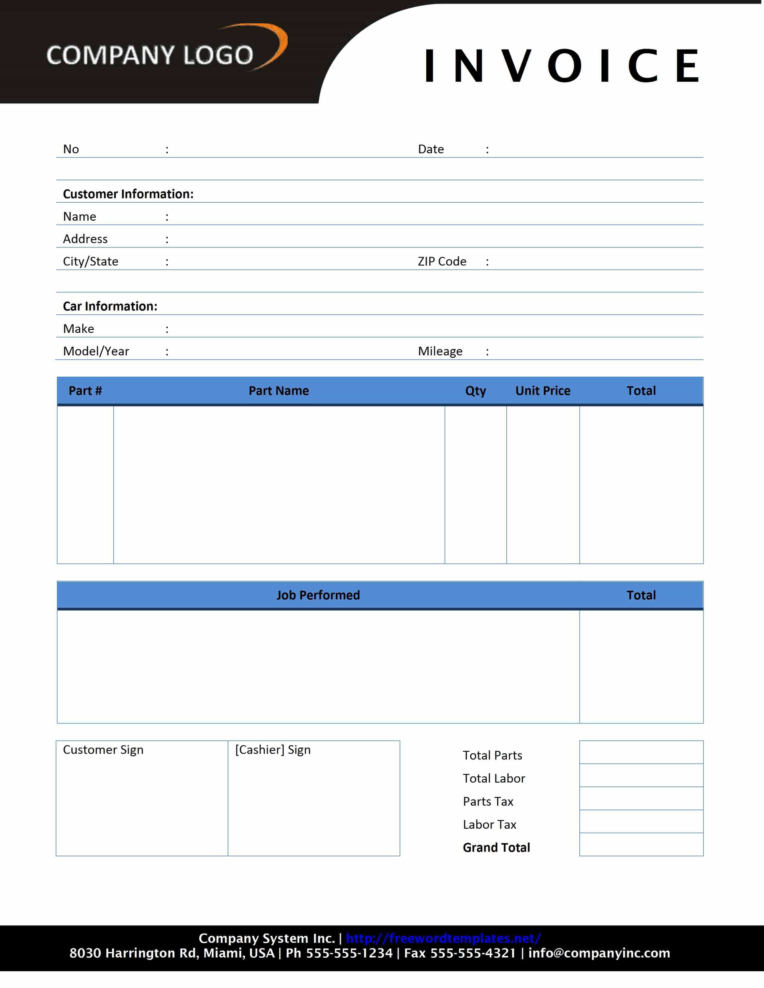 Auto Repair Invoice Template Free And Auto Repair Invoice Software Free Download