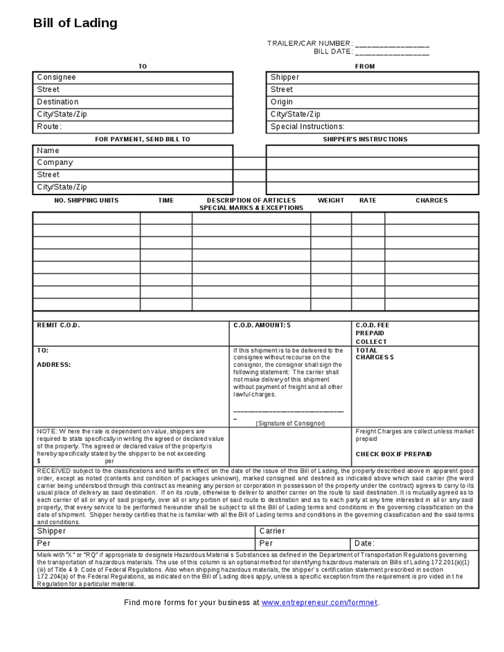 Bill Of Lading Template Canada And Easy Bill Of Lading Template